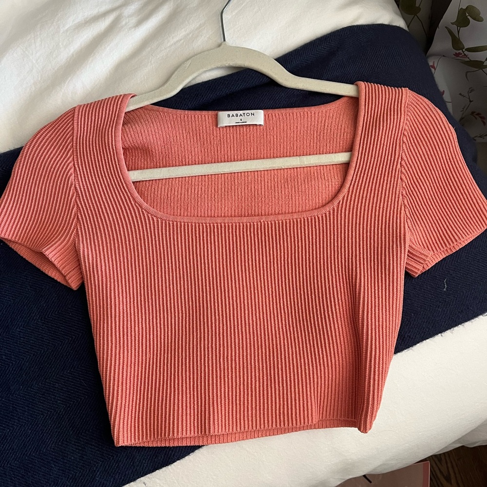 Peach/salmon Aritzia Babaton Sculpt Knit Squareneck Top